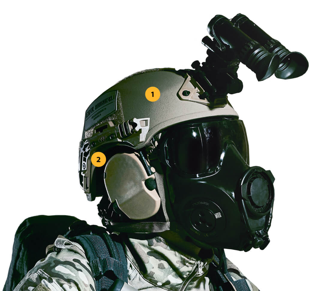 Soldier wearing a helmet and respirator