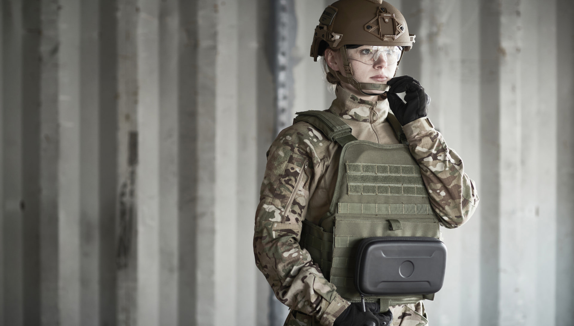 Soldier wearing a helmet