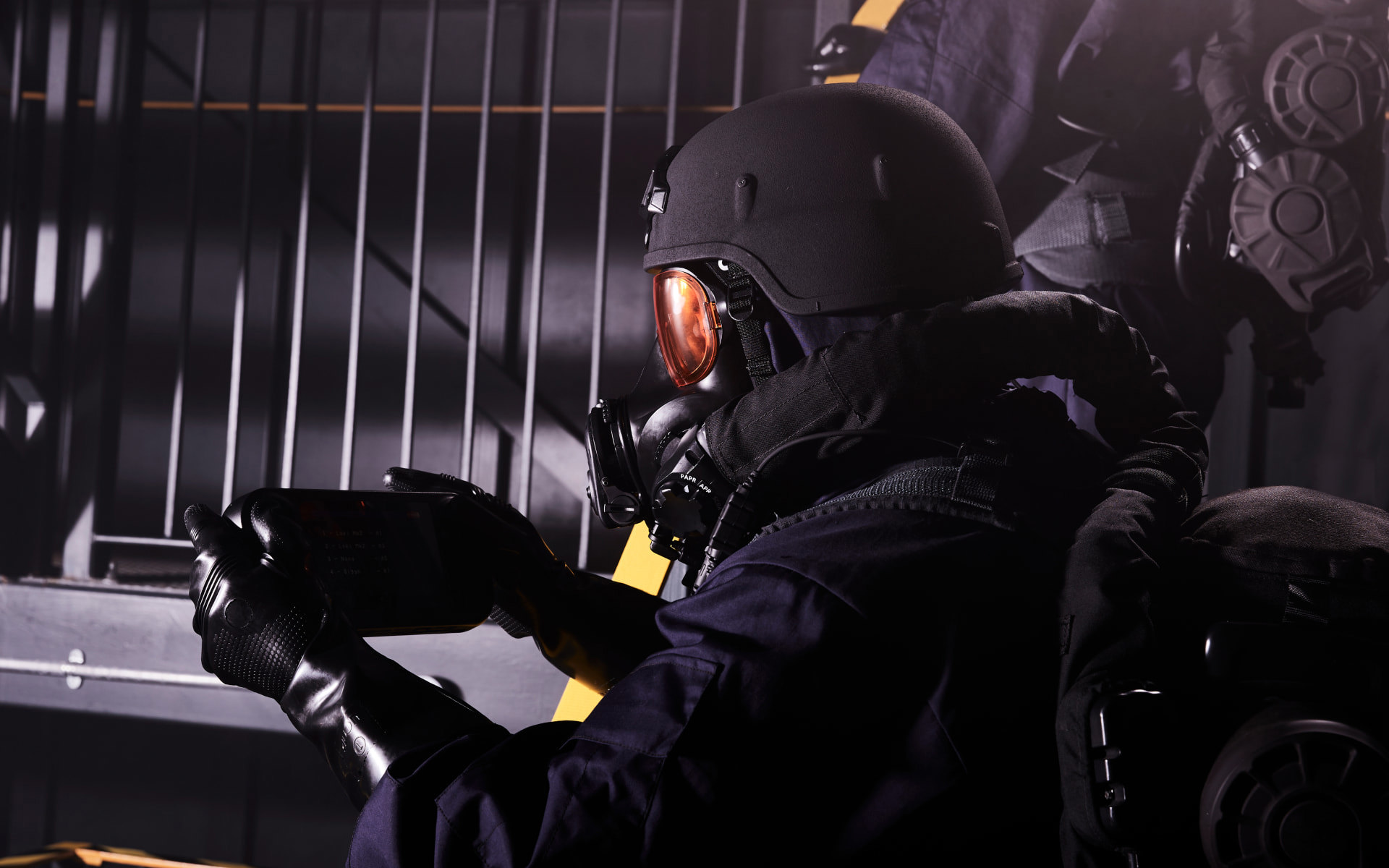 Soldier wearing a helmet and respirator